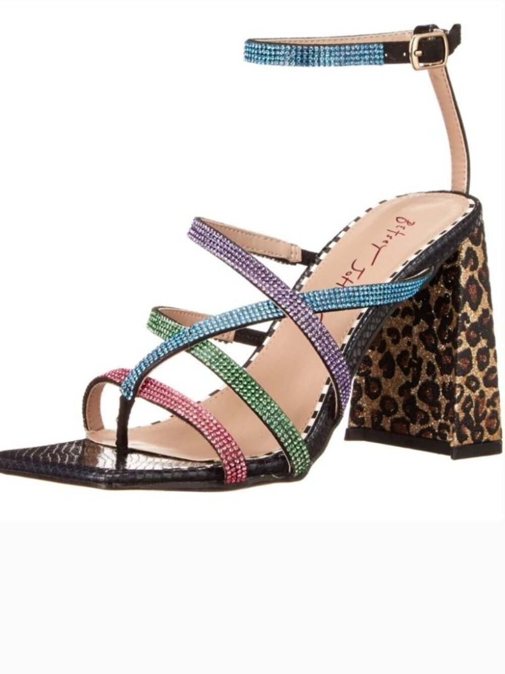 Betsey Johnson Graviti Multi Color Rhinestone Strappy Leopard Block Heel Sandals